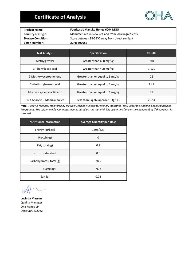 Foodtastic Manuka Honig MGO 600+ 250g